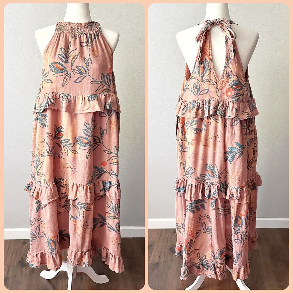 Free People Anita Desert Rose Tiered Tie Back Maxi Dress‎ Women's Size XS
